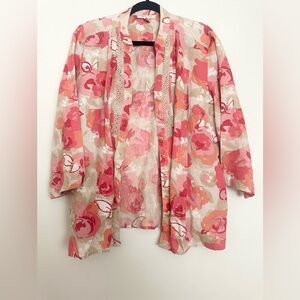 JM Collection 100% Linen Shirt Top Pink Tan Floral Embroidered Button Front